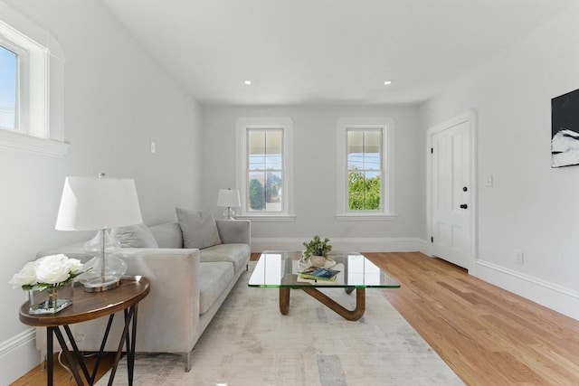 living area featuring wood finished floors, baseboards, and recessed lighting