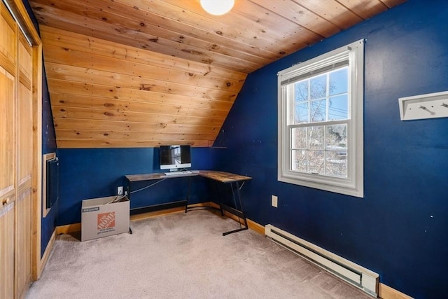 office space with light carpet, a baseboard heating unit, wood ceiling, and vaulted ceiling