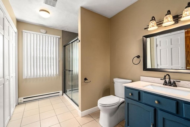 bathroom with tile patterned flooring, vanity, a baseboard heating unit, toilet, and a shower with door