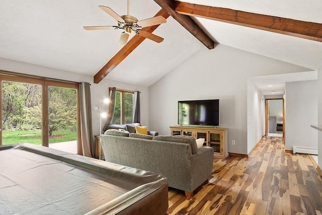 25 Williams Rd, Fitchburg, MA 01420 - living area featuring light wood-type flooring, beam ceiling, ceiling fan, a baseboard heating unit, and baseboards