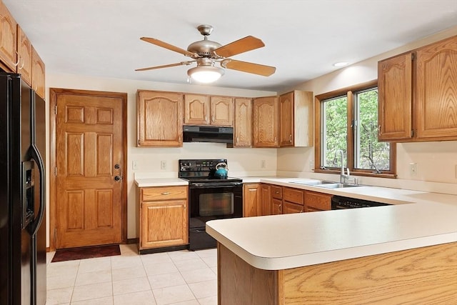 25 Williams Rd, Fitchburg, MA 01420 - kitchen with black appliances, extractor fan, a sink, a peninsula, and light countertops