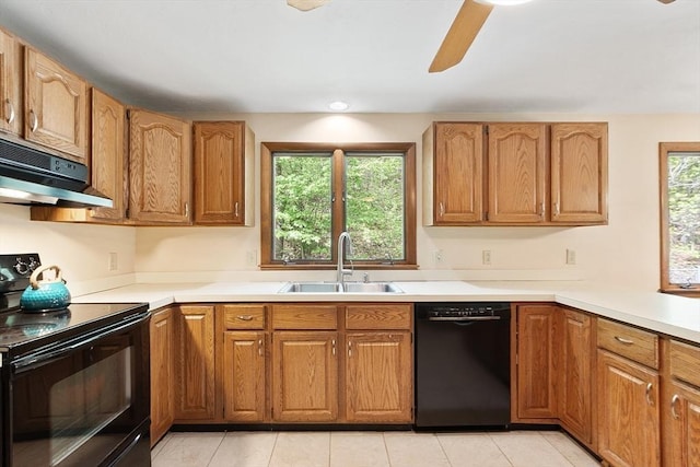 25 Williams Rd, Fitchburg, MA 01420 - kitchen with black appliances, a sink, under cabinet range hood, a ceiling fan, and light countertops