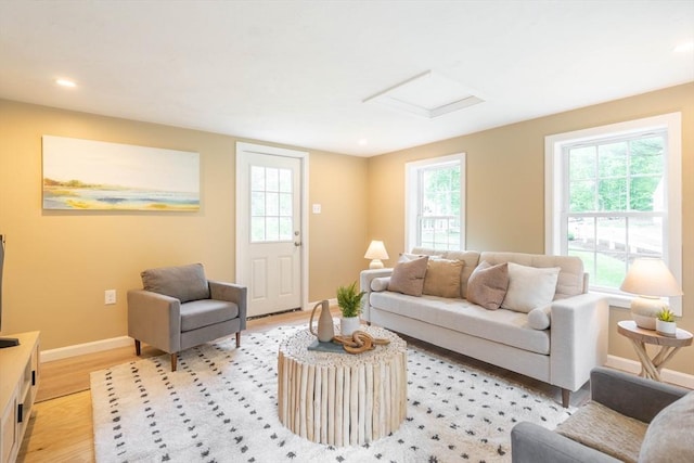 22 Mountain Brook Rd, Sturbridge, MA 01566 - living area with light wood-type flooring, baseboards, attic access, and recessed lighting