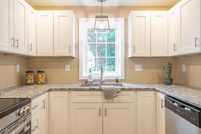22 Mountain Brook Rd, Sturbridge, MA 01566 - kitchen featuring stainless steel appliances, a sink, white cabinets, and pendant lighting