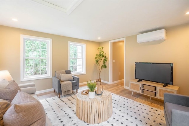 22 Mountain Brook Rd, Sturbridge, MA 01566 - living area featuring a wall mounted AC, light wood-type flooring, baseboards, and recessed lighting