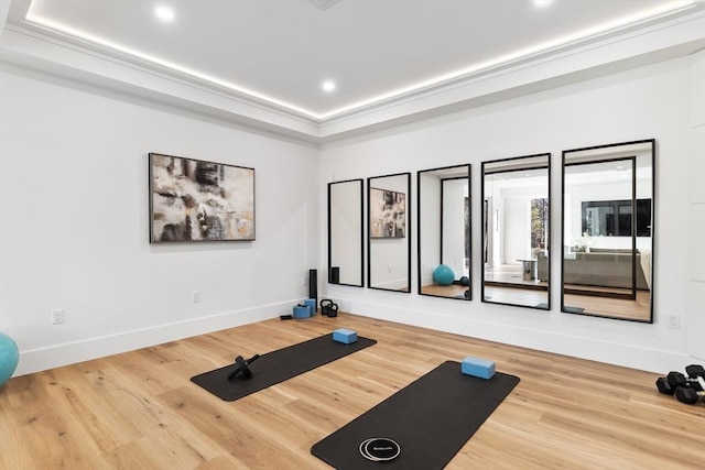 workout room featuring a raised ceiling and hardwood / wood-style flooring