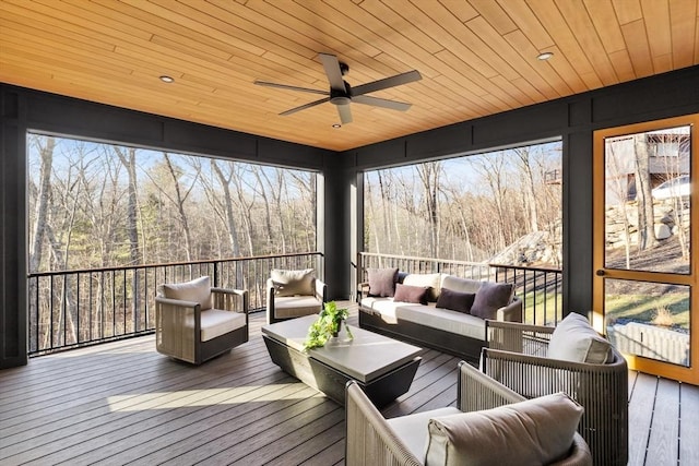 sunroom with wooden ceiling and ceiling fan