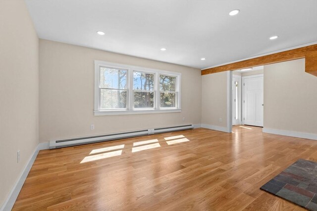 30 Grannys Ln, Orleans, MA 02653 - unfurnished living room with recessed lighting, baseboard heating, wood finished floors, and baseboards