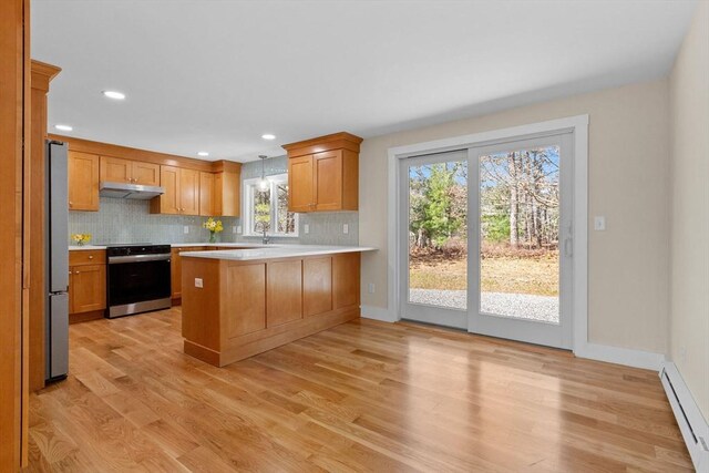 30 Grannys Ln, Orleans, MA 02653 - kitchen featuring range with electric cooktop, light wood-style floors, light countertops, a baseboard heating unit, and a peninsula