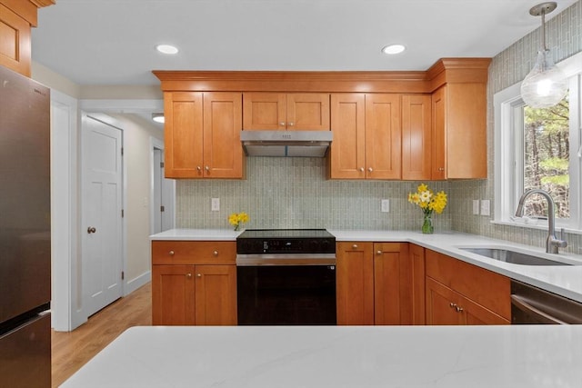 30 Grannys Ln, Orleans, MA 02653 - kitchen featuring light wood-style flooring, a sink, stainless steel appliances, light countertops, and under cabinet range hood