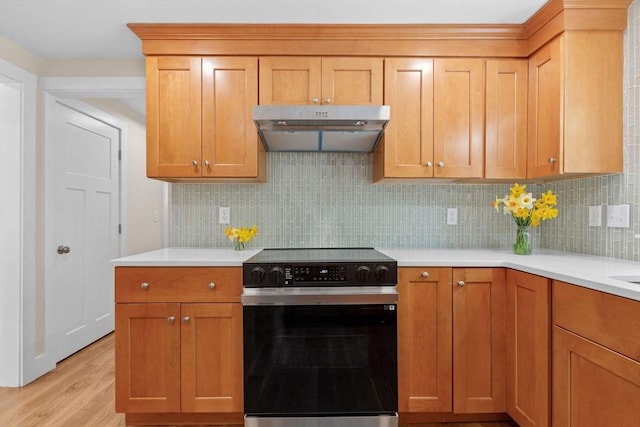 30 Grannys Ln, Orleans, MA 02653 - kitchen with electric range, tasteful backsplash, light countertops, and under cabinet range hood