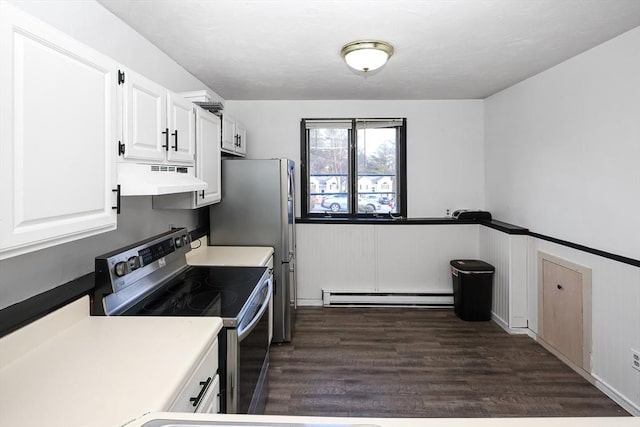 kitchen with ventilation hood, electric stove, dark hardwood / wood-style floors, baseboard heating, and white cabinetry