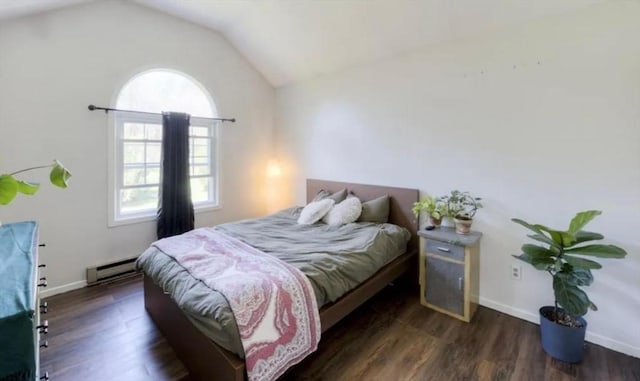 bedroom featuring lofted ceiling, dark wood-type flooring, and a baseboard radiator