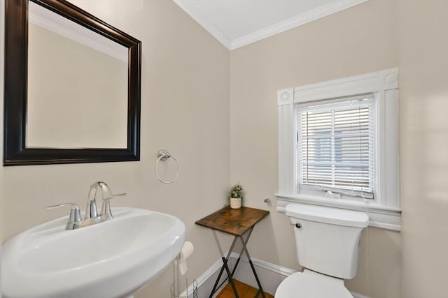 bathroom with a sink, baseboards, ornamental molding, and toilet