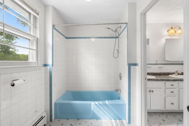 3 Biggar Ave, Wilmington, MA 01887 - full bathroom with tile walls, double vanity, washtub / shower combination, tile patterned floors, and a baseboard heating unit