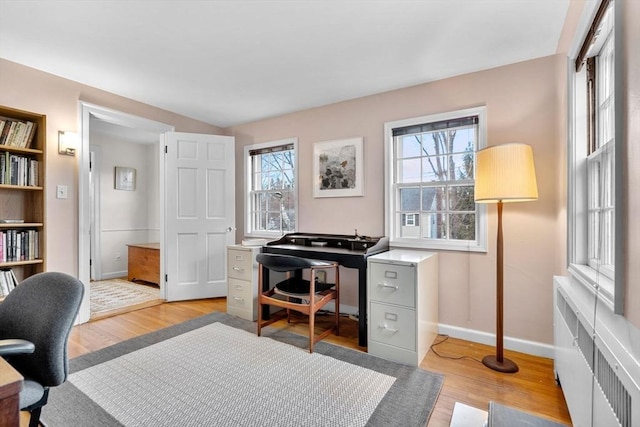 office featuring baseboards, a healthy amount of sunlight, and light wood finished floors