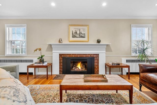 living area with radiator, a fireplace, crown molding, and wood finished floors