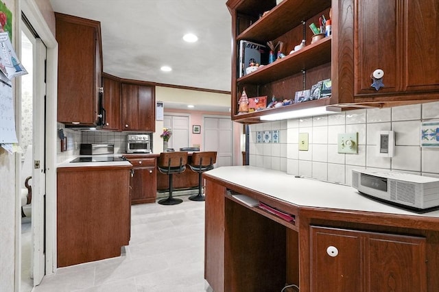 3 Tory Dr, Shrewsbury, MA 01545 - kitchen featuring decorative backsplash, light countertops, recessed lighting, black electric stovetop, and open shelves