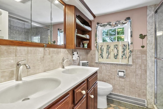 3 Tory Dr, Shrewsbury, MA 01545 - bathroom featuring tile walls, a shower stall, toilet, and double vanity