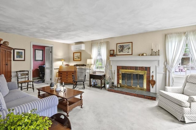 3 Tory Dr, Shrewsbury, MA 01545 - carpeted living area with a wall mounted air conditioner, a brick fireplace, and wallpapered walls