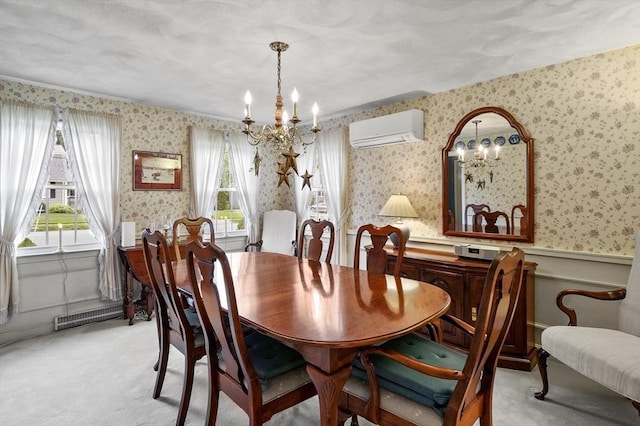 3 Tory Dr, Shrewsbury, MA 01545 - dining room with a chandelier, an AC wall unit, wallpapered walls, wainscoting, and light carpet
