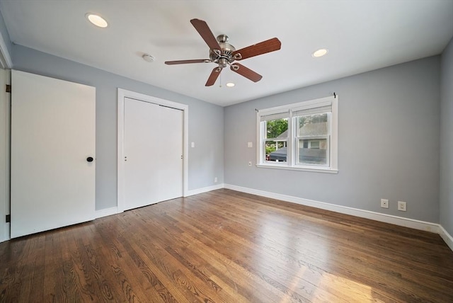 123 Walnut St, Saugus, MA 01906 - unfurnished bedroom featuring wood finished floors, recessed lighting, and a ceiling fan
