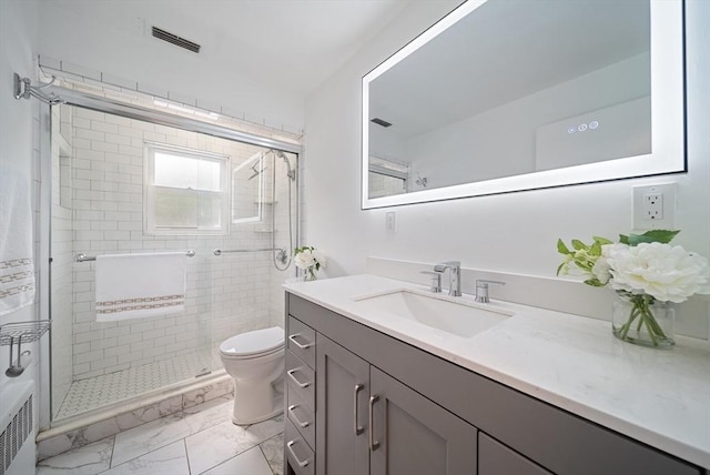 123 Walnut St, Saugus, MA 01906 - full bathroom with marble look tile flooring, vanity, a stall shower, and radiator