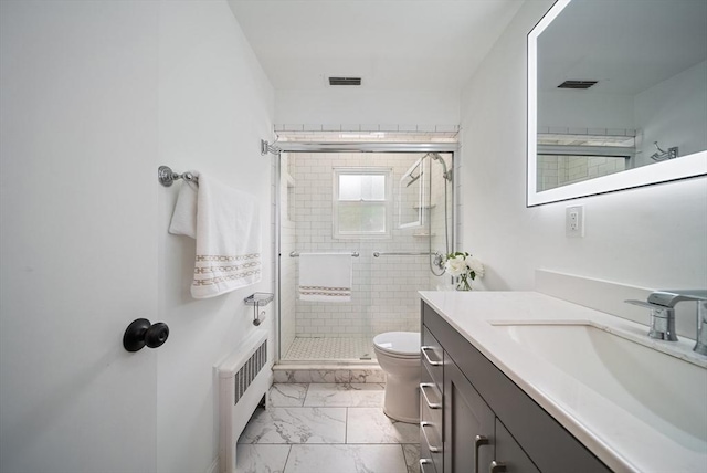 123 Walnut St, Saugus, MA 01906 - bathroom featuring radiator heating unit, vanity, marble finish floors, and a stall shower