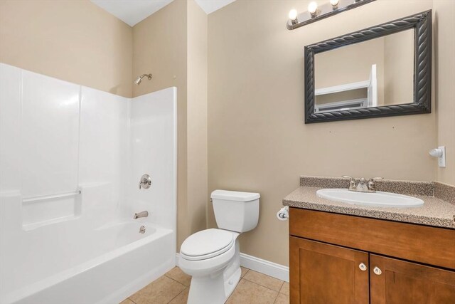 full bathroom with shower / washtub combination, tile patterned flooring, vanity, and toilet