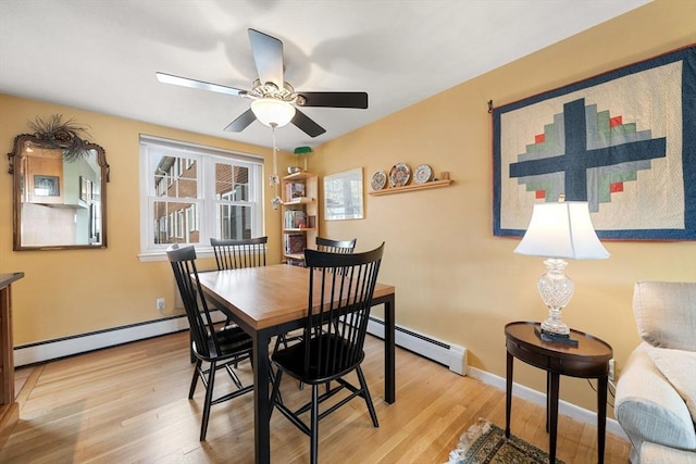 dining room featuring light wood-type flooring, ceiling fan, and a baseboard radiator