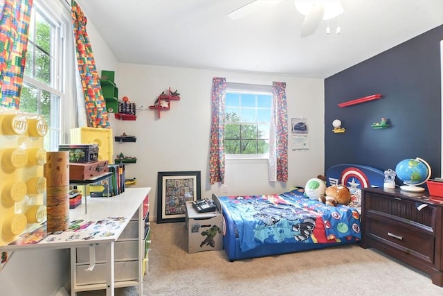 bedroom with carpet floors and ceiling fan