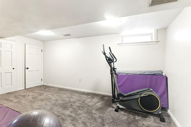 exercise area featuring carpet and baseboards