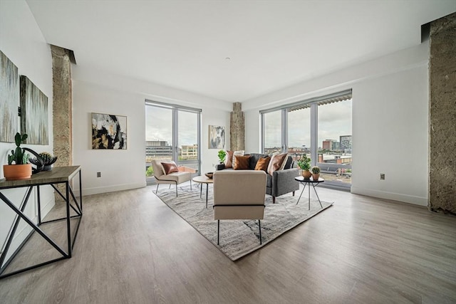 living room with decorative columns, a wealth of natural light, and light hardwood / wood-style flooring