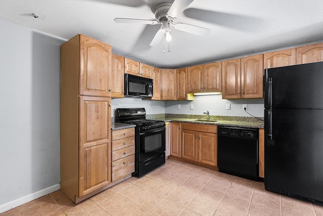 kitchen featuring a textured ceiling, ceiling fan, sink, and black appliances