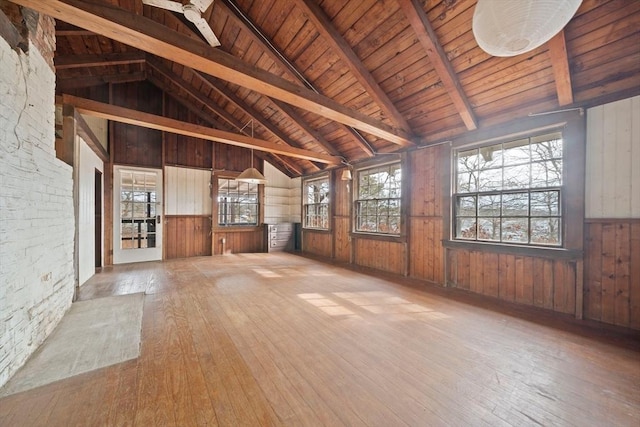 unfurnished living room with lofted ceiling with beams, wood ceiling, wooden walls, and wood finished floors