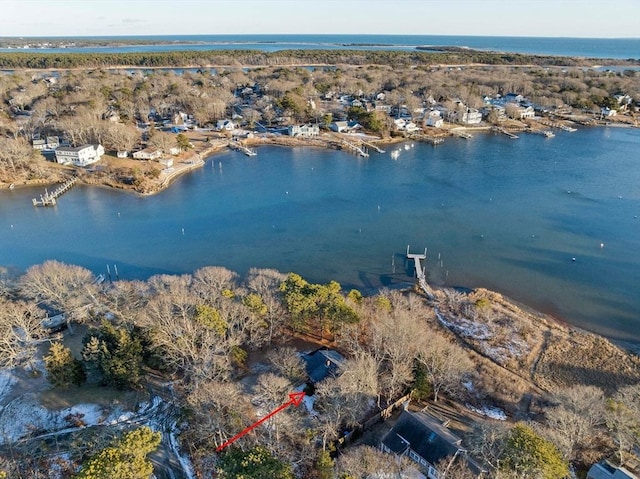 drone / aerial view featuring a water view