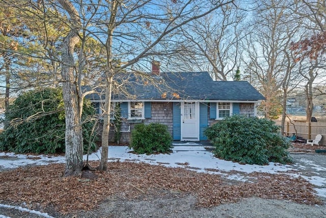 view of front facade with a shingled roof and a chimney