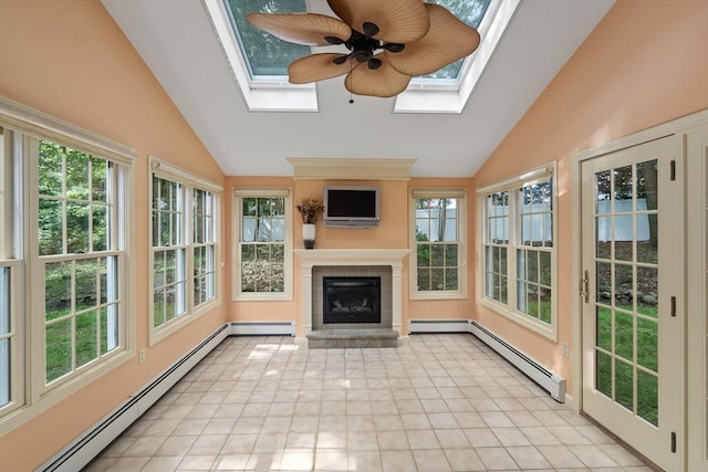 100 Avery Heights Dr, Holden, MA 01520 - unfurnished sunroom with a baseboard heating unit, a skylight, plenty of natural light, french doors, and high vaulted ceiling
