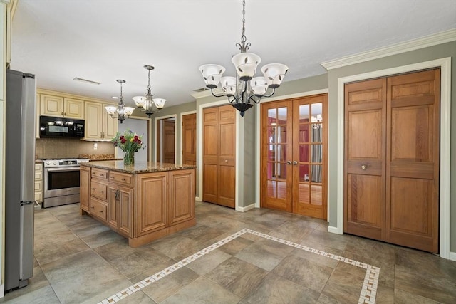 100 Avery Heights Dr, Holden, MA 01520 - kitchen with stainless steel appliances, a chandelier, french doors, tasteful backsplash, and cream cabinets