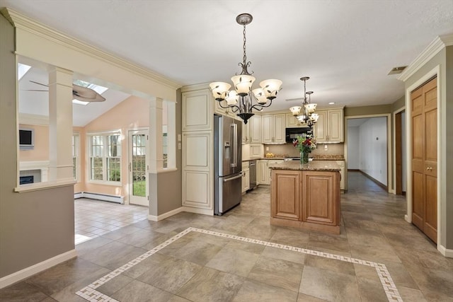 100 Avery Heights Dr, Holden, MA 01520 - kitchen with stainless steel fridge, a baseboard heating unit, cream cabinetry, a chandelier, and crown molding