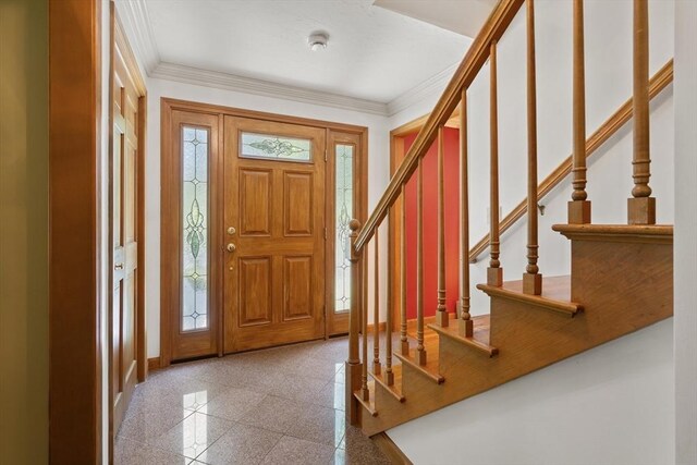 100 Avery Heights Dr, Holden, MA 01520 - foyer featuring granite floors, stairs, and ornamental molding