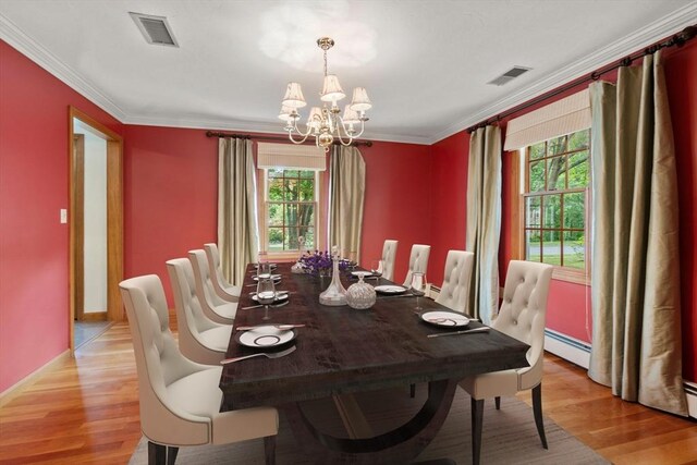 100 Avery Heights Dr, Holden, MA 01520 - dining space with a chandelier, light wood finished floors, a baseboard radiator, and ornamental molding