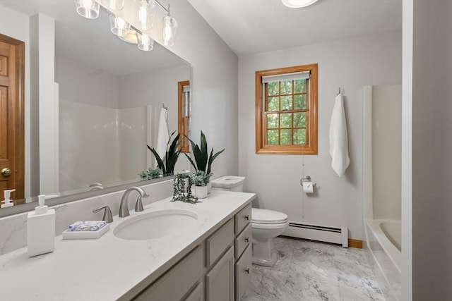 100 Avery Heights Dr, Holden, MA 01520 - bathroom with baseboard heating, vanity, marble finish flooring, and shower / bathtub combination