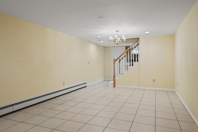 100 Avery Heights Dr, Holden, MA 01520 - spare room featuring baseboard heating, a chandelier, recessed lighting, stairway, and light tile patterned flooring