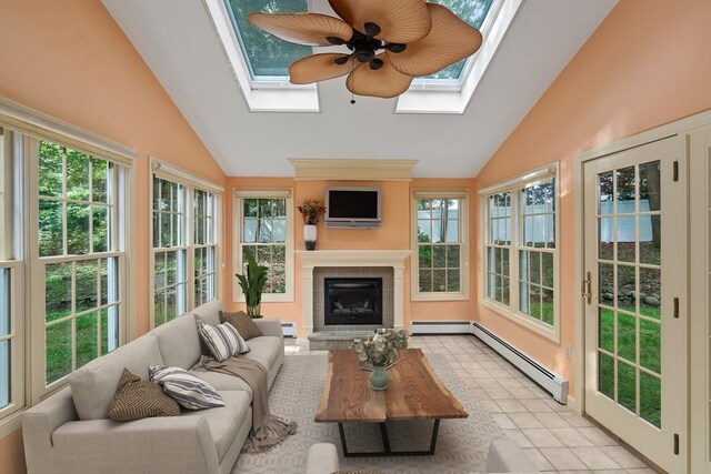 100 Avery Heights Dr, Holden, MA 01520 - sunroom / solarium with french doors, a skylight, baseboard heating, and high vaulted ceiling