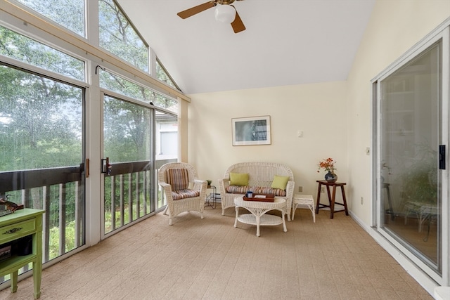 sunroom with vaulted ceiling and ceiling fan