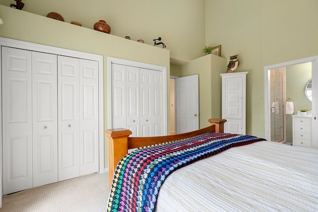 carpeted bedroom featuring two closets and a high ceiling