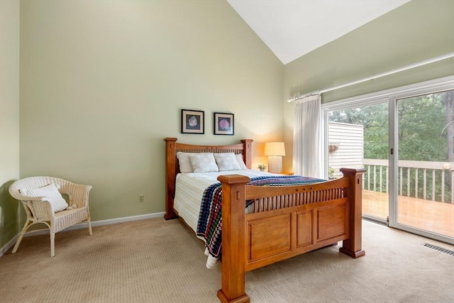 bedroom with high vaulted ceiling, light colored carpet, visible vents, baseboards, and access to outside