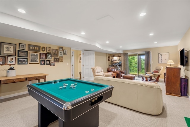 playroom featuring light carpet and pool table