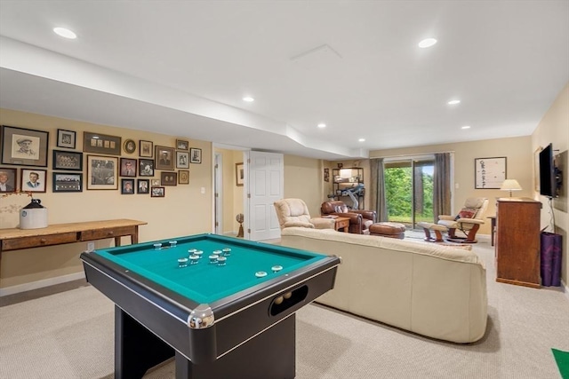 recreation room featuring pool table, baseboards, carpet flooring, and recessed lighting